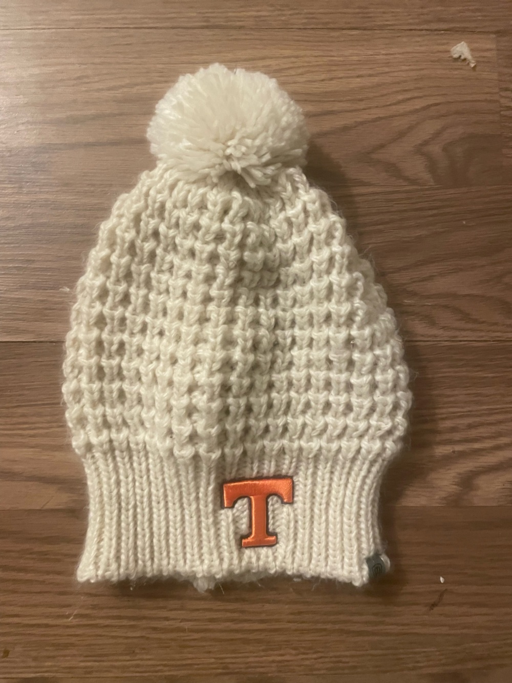 Kids Cream Knit Pom Beanie with Orange 'T' Accent